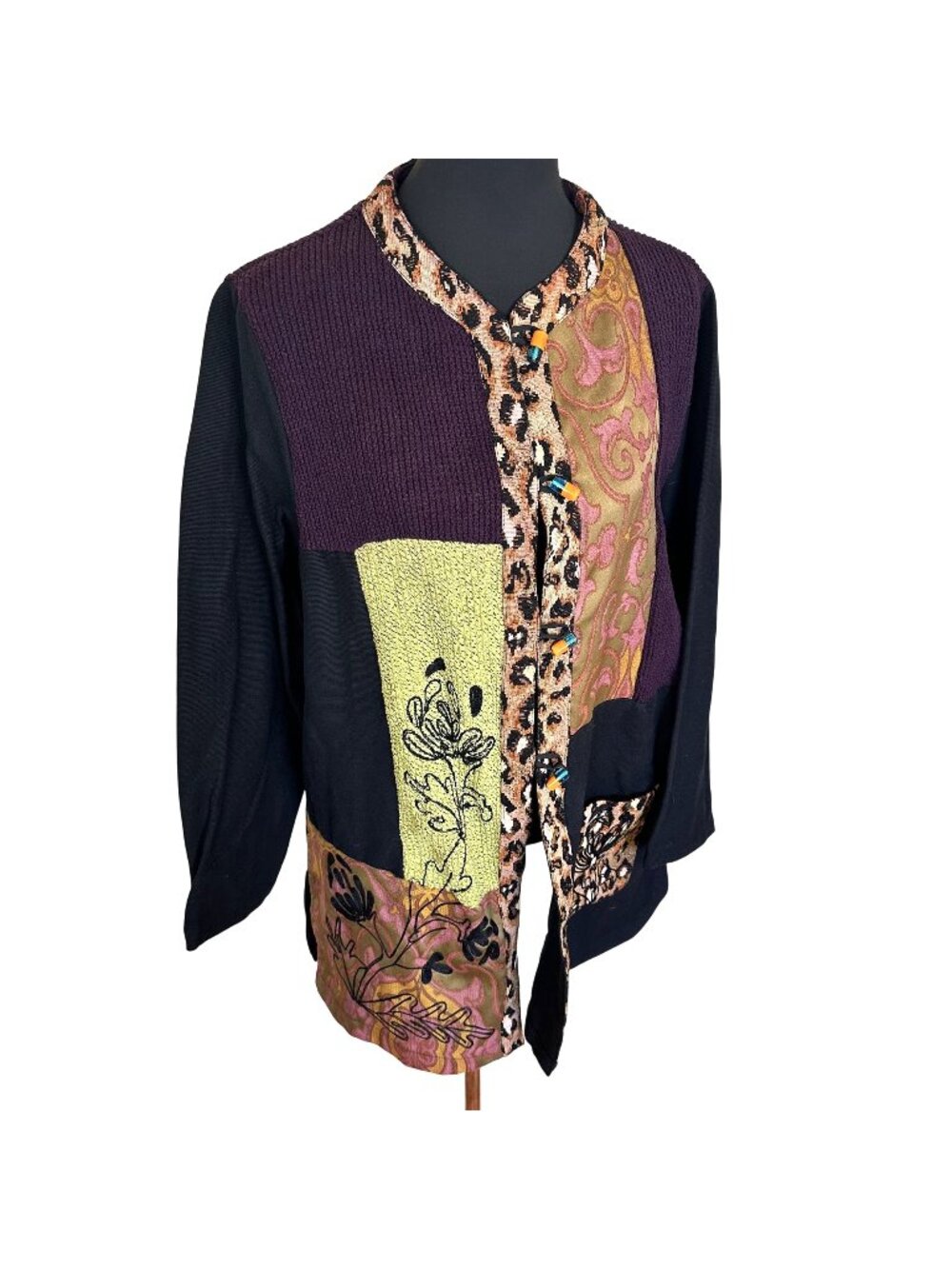 Alex Kim Womens Cardigan Sweater Jacket Patchwork Animal Print Art to Wear Large